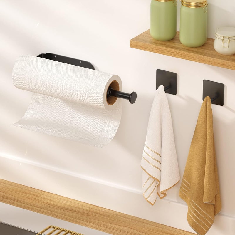 Winproper Paper Towel Holder Under Cabinet, Single Hand Operable Wall Mount with Damping Effect, Self-Adhesive or Drilled Paper Roll Holders for Kitchen, Bathroom, RV(2 Towel Robe Hooks) - Image 3